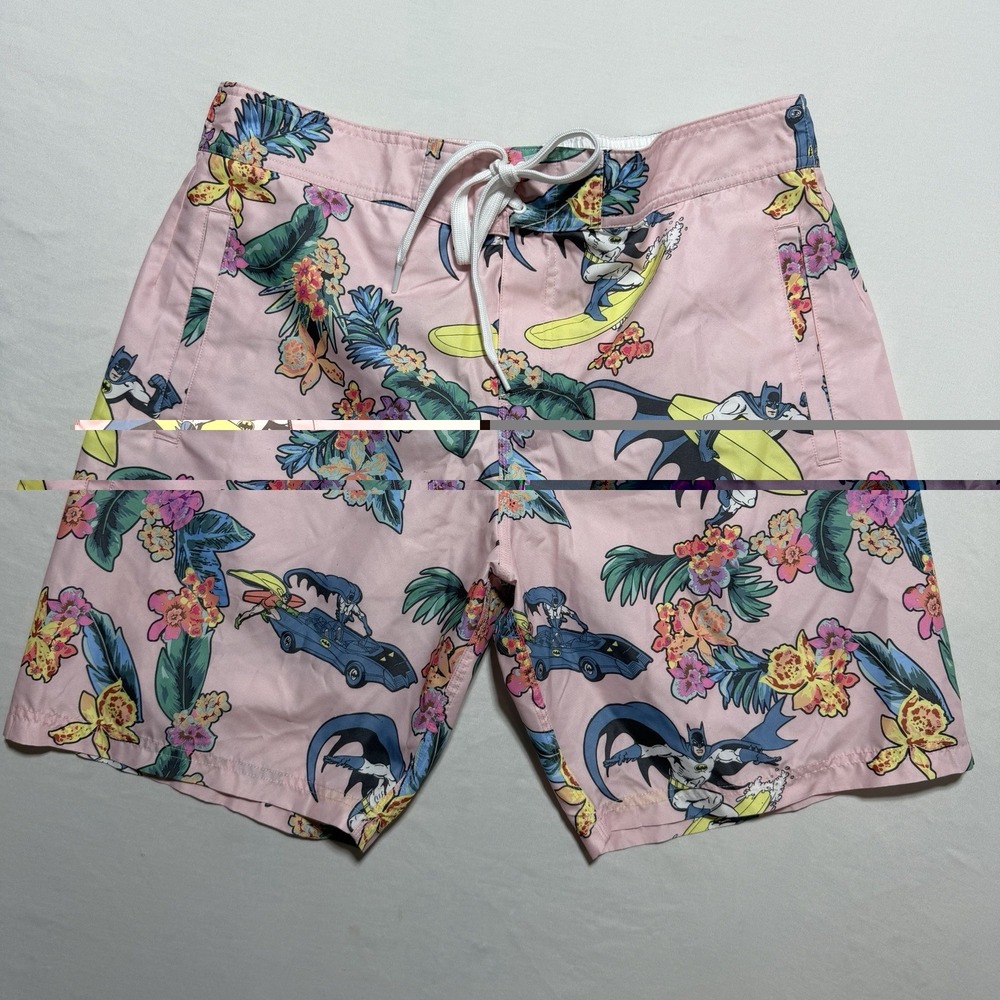 Batman DC Comics Surfing Batmobile Tropical Floral Board Shorts Pink Mens Large